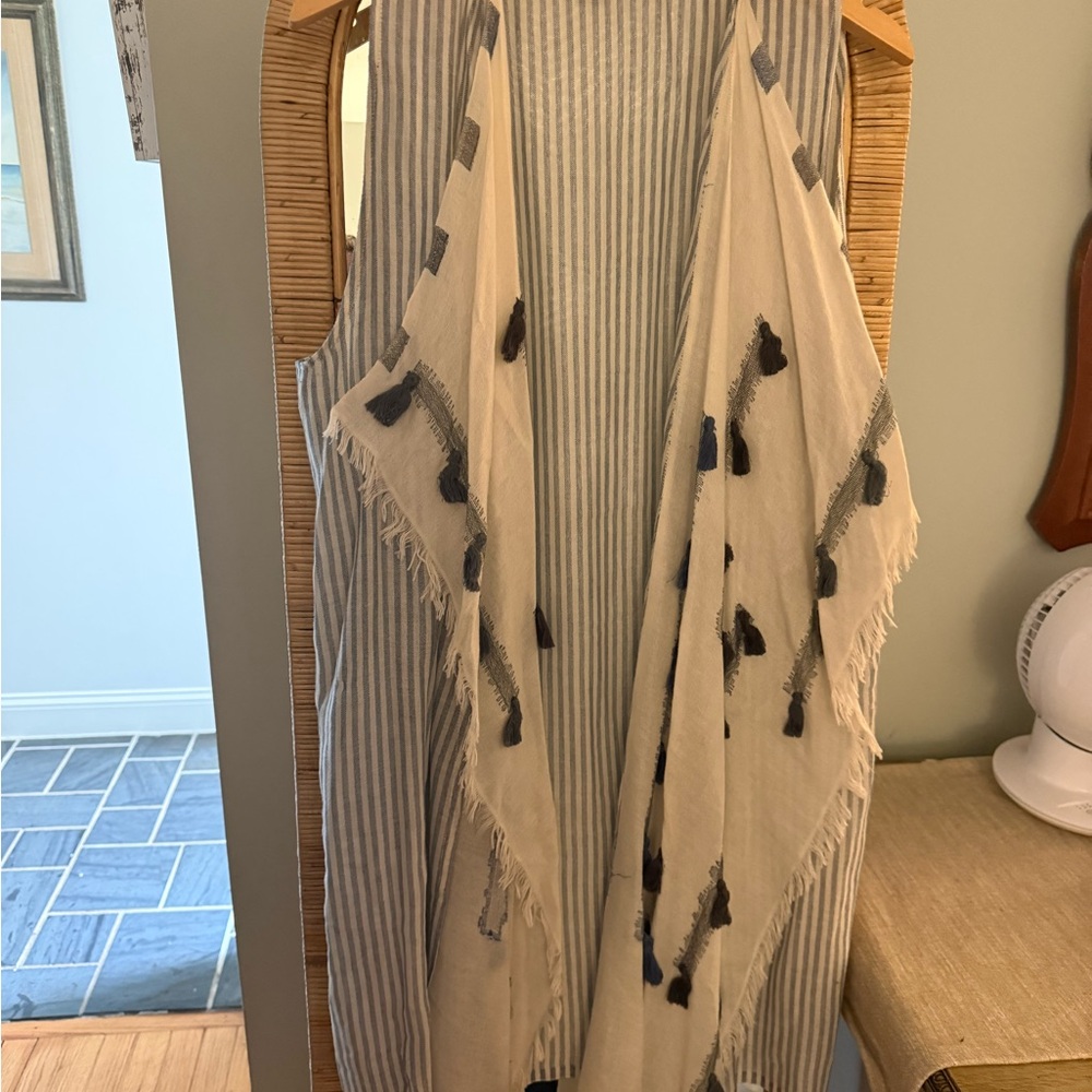 Anthropologie Cream Vest with Charcoal Tassel Detailing